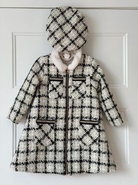 Bluebella Black and White Tweed Pea Coat with Faux Fur Collar